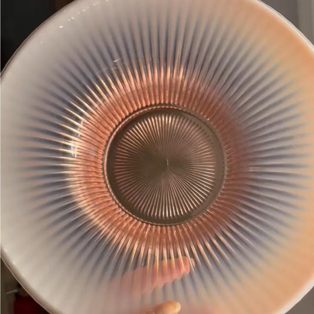 Fenton Stamped Peaches & Cream Iridescent Ribbed Pedestal Bowl, 13”